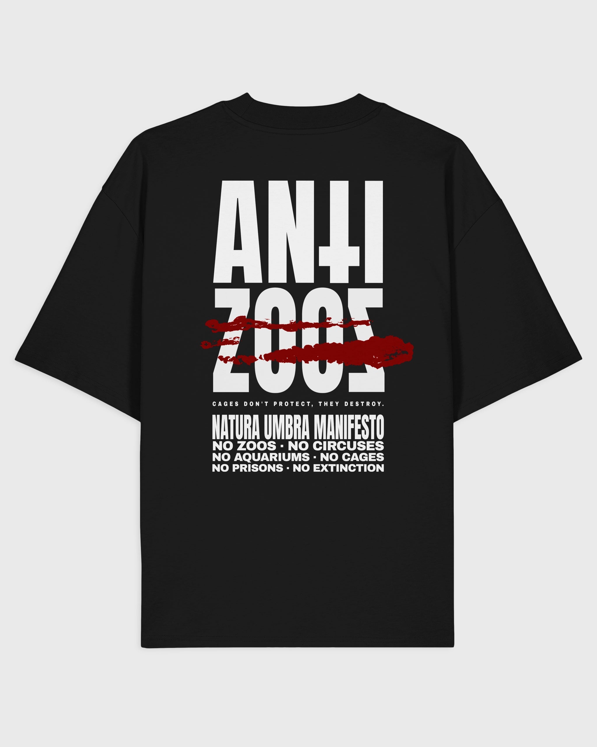 Flatlay Rückansicht – Stanley/Stella Blaster 2 Oversized T-Shirt in Schwarz – "Anti Zoos" Backprint – Oversized Fit Unisex Shirt aus Bio-Baumwolle.