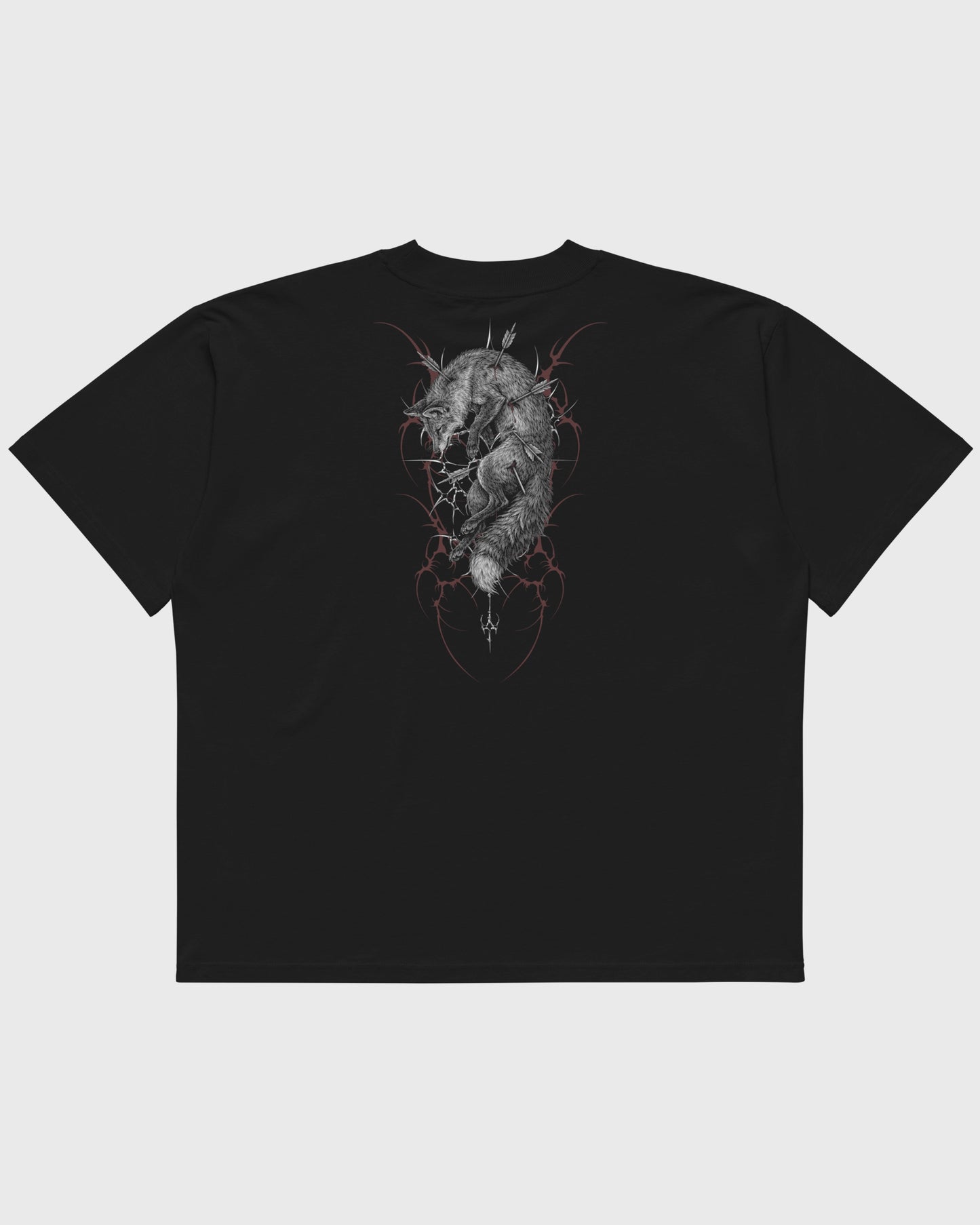 Flatlay Rückansicht – Oversized Boxy Fit Unisex T-Shirt in Schwarz mit "Toter Fuchs" Backprint – schweres Streetwear Shirt.