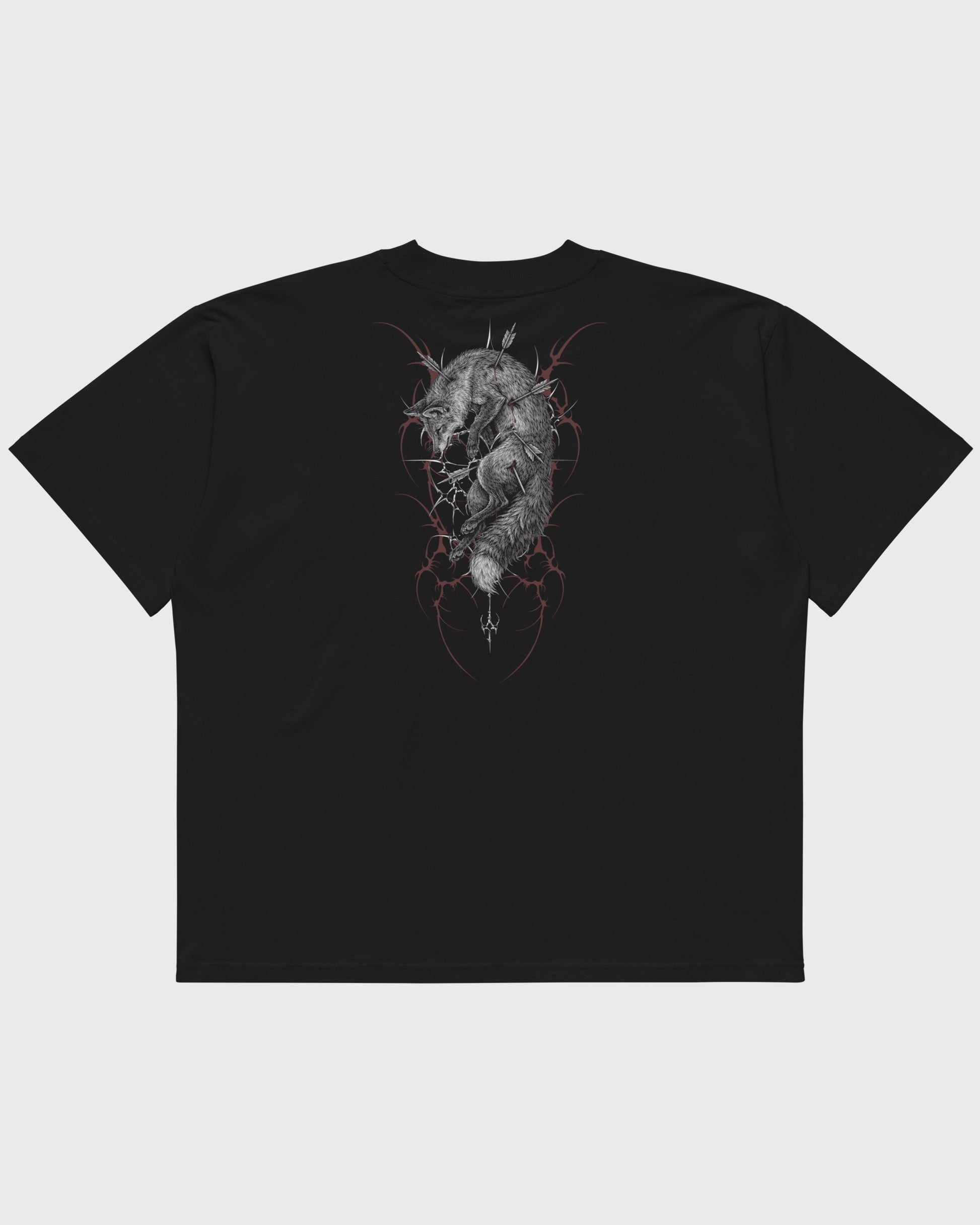 Flatlay Rückansicht – Oversized Boxy Fit Unisex T-Shirt in Schwarz mit "Toter Fuchs" Backprint – schweres Streetwear Shirt.