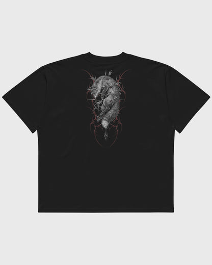 Flatlay Rückansicht – Oversized Boxy Fit Unisex T-Shirt in Schwarz mit "Toter Fuchs" Backprint – schweres Streetwear Shirt.