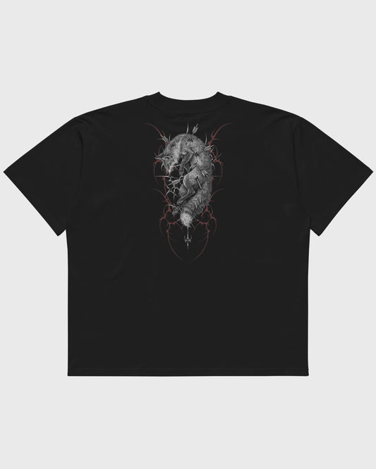 Flatlay Rückansicht – Oversized Boxy Fit Unisex T-Shirt in Schwarz mit "Toter Fuchs" Backprint – schweres Streetwear Shirt.