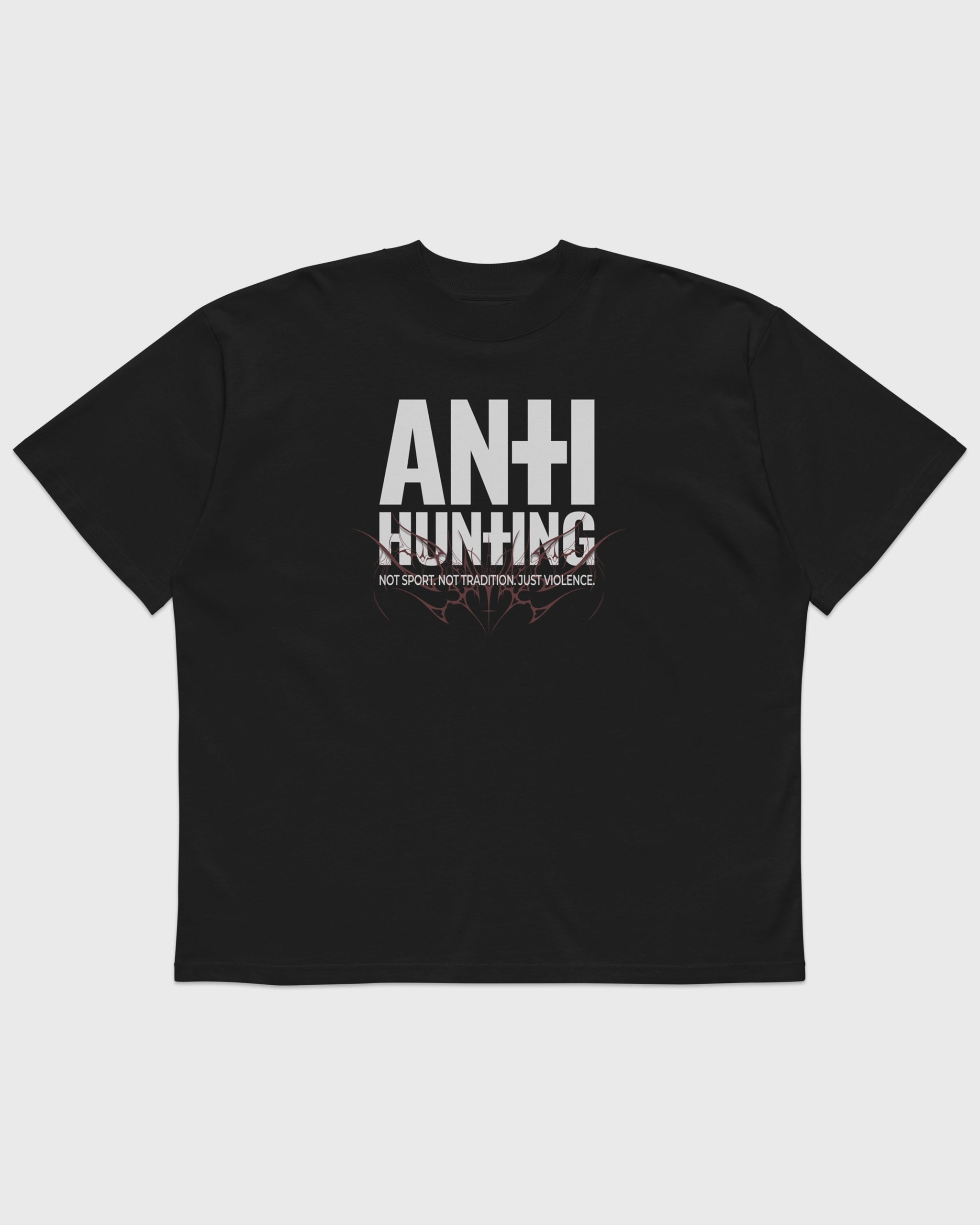Flatlay Vorderansicht – Oversized Boxy Fit Unisex T-Shirt in Schwarz mit "Anti Hunting" Frontprint – schweres Streetwear Shirt.