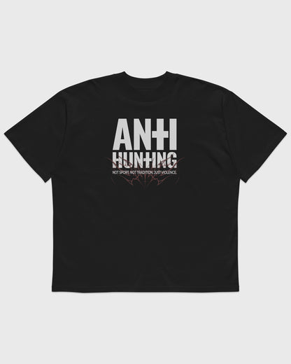 Flatlay Vorderansicht – Oversized Boxy Fit Unisex T-Shirt in Schwarz mit "Anti Hunting" Frontprint – schweres Streetwear Shirt.
