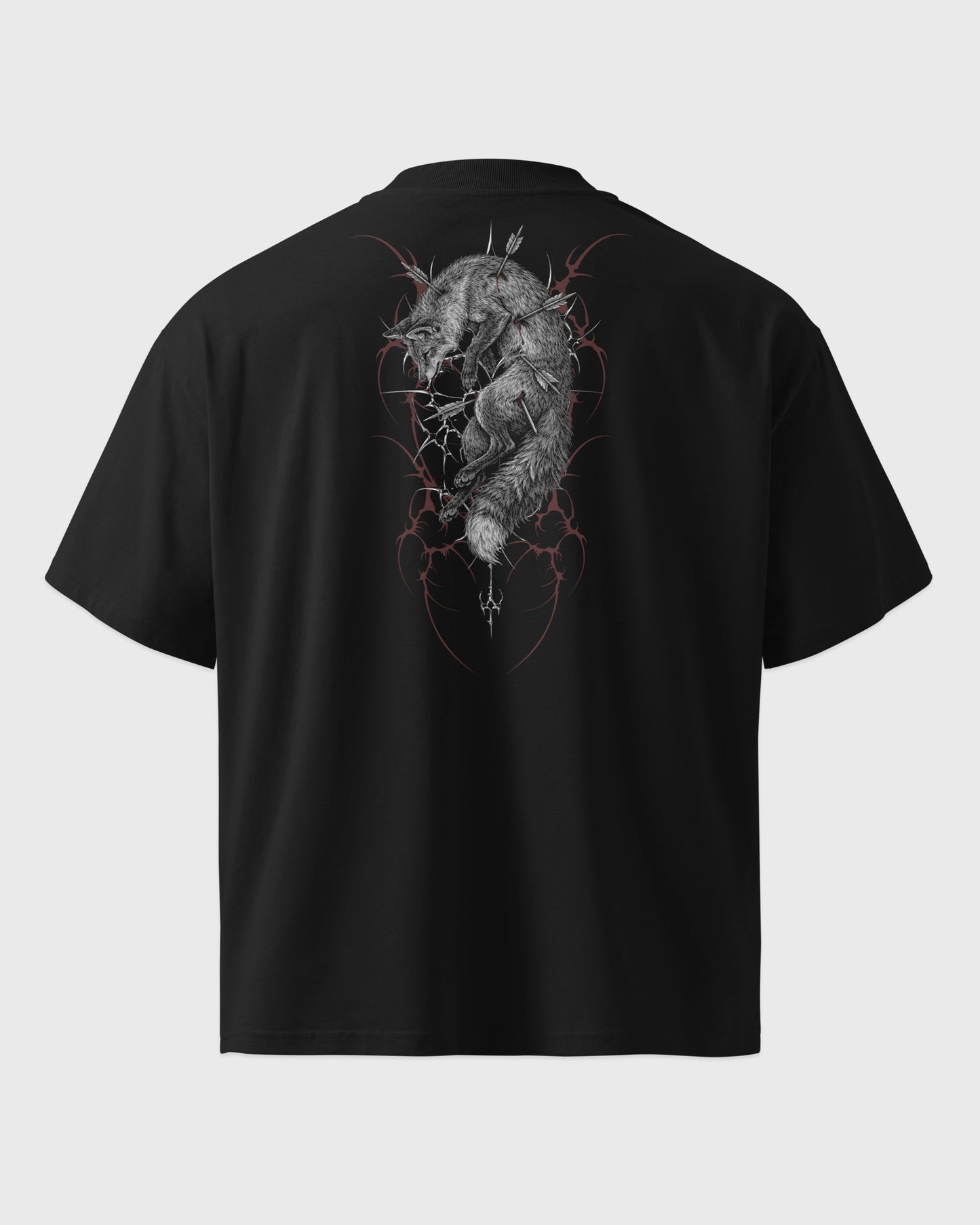 Ghost Mockup Rückseite – Oversized Boxy Fit Unisex T-Shirt in Schwarz mit "Toter Fuchs" Backprint – schweres Streetwear Shirt.