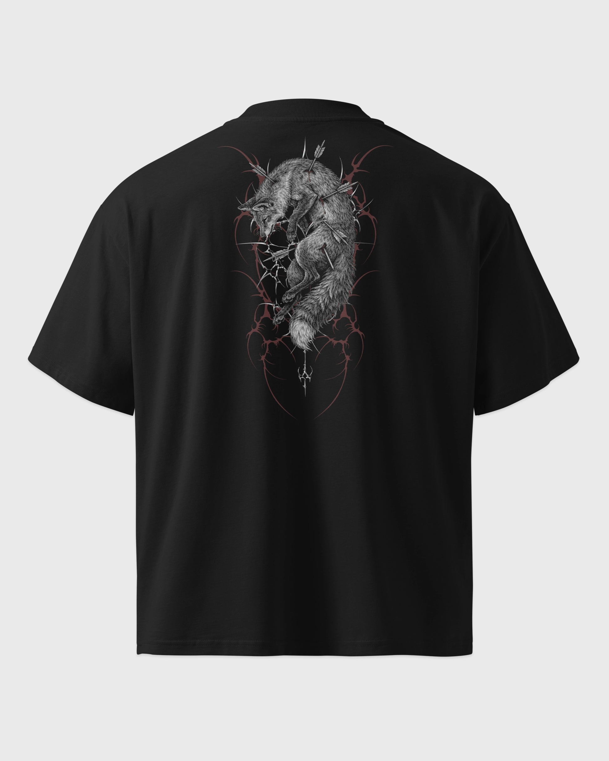 Ghost Mockup Rückseite – Oversized Boxy Fit Unisex T-Shirt in Schwarz mit "Toter Fuchs" Backprint – schweres Streetwear Shirt.