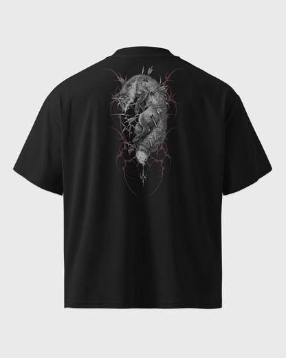 Ghost Mockup Rückseite – Oversized Boxy Fit Unisex T-Shirt in Schwarz mit "Toter Fuchs" Backprint – schweres Streetwear Shirt.