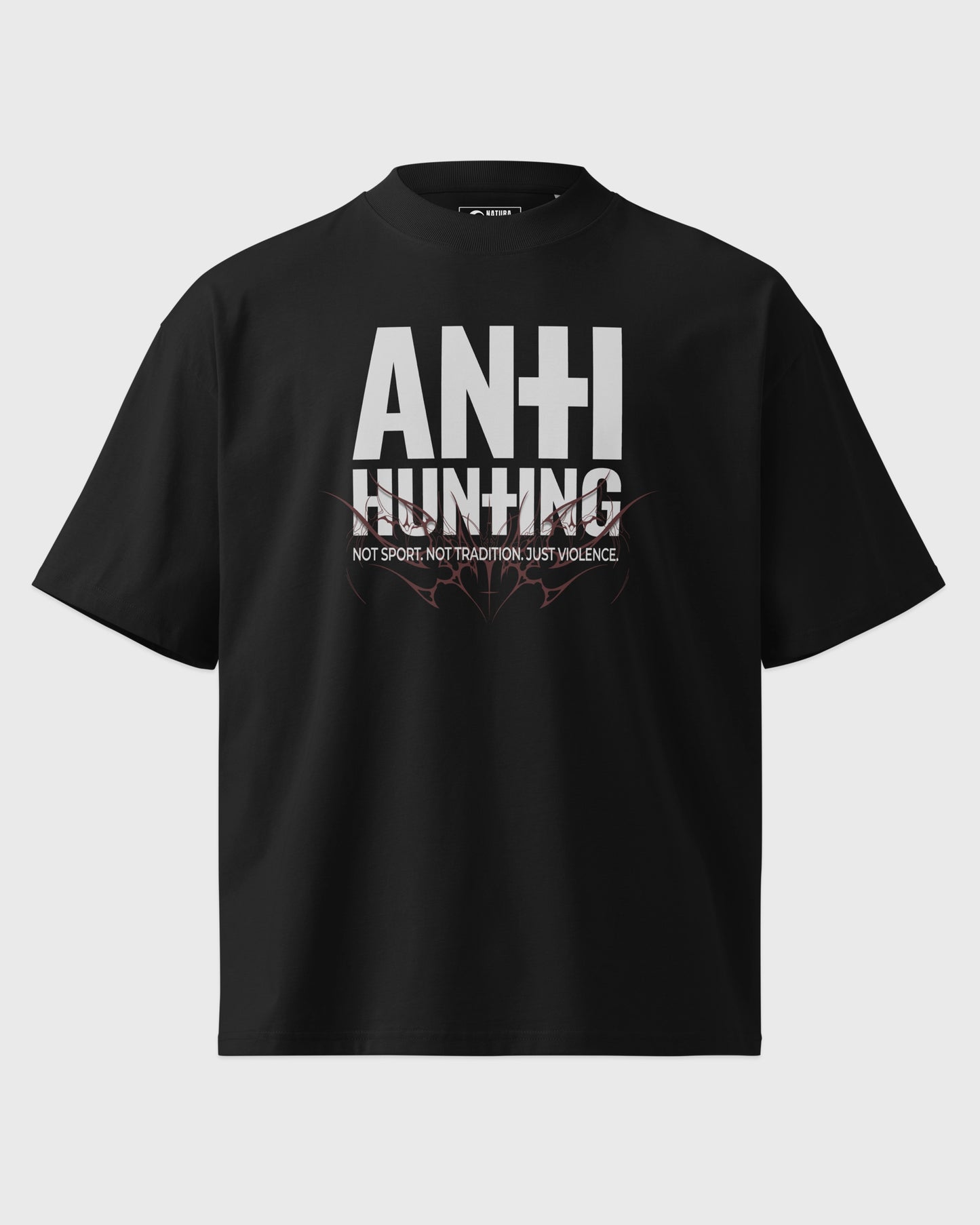 Ghost Mockup Vorderseite – Oversized Boxy Fit Unisex T-Shirt in Schwarz mit "Anti Hunting" Frontprint – schweres Streetwear Shirt.