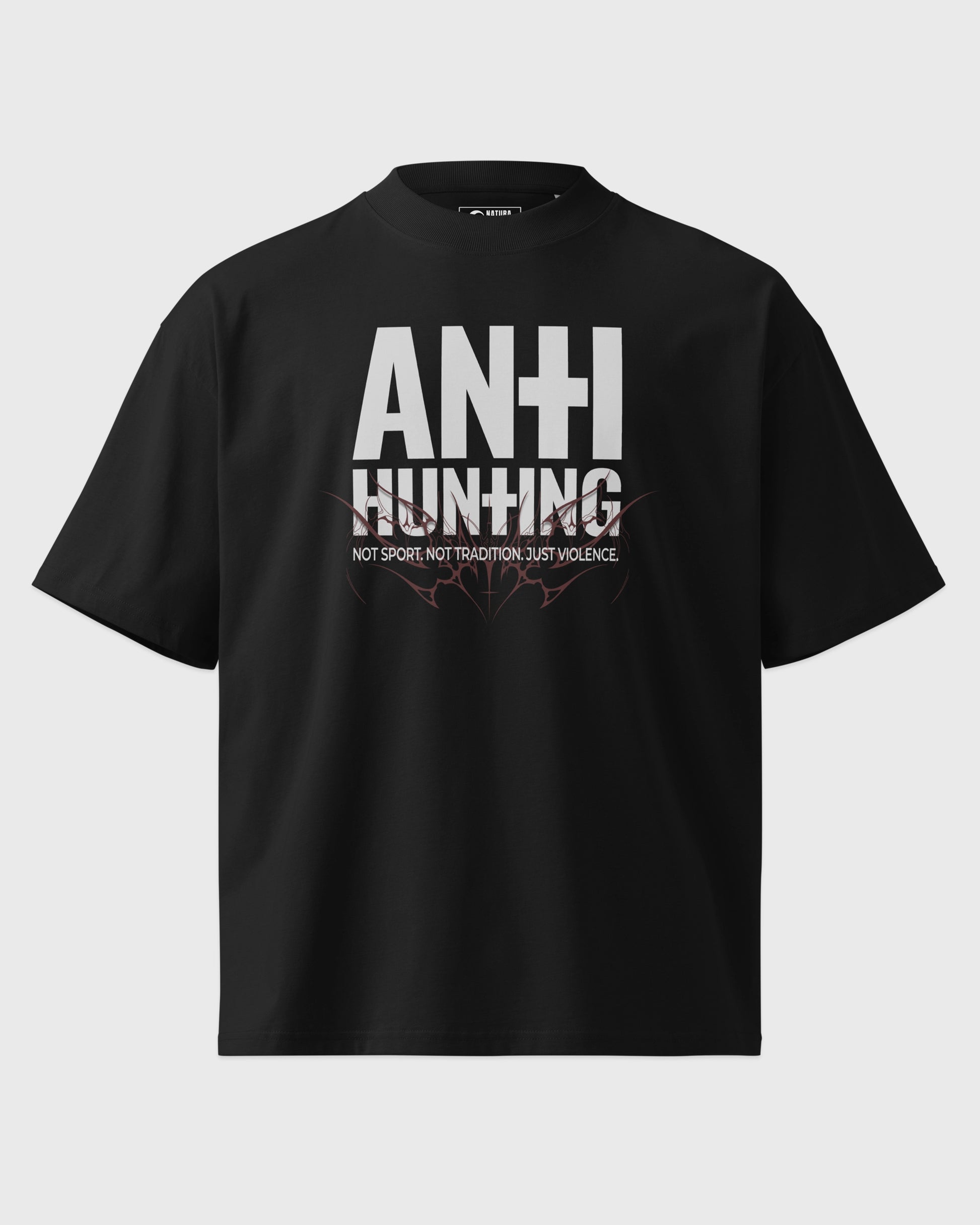 Ghost Mockup Vorderseite – Oversized Boxy Fit Unisex T-Shirt in Schwarz mit "Anti Hunting" Frontprint – schweres Streetwear Shirt.