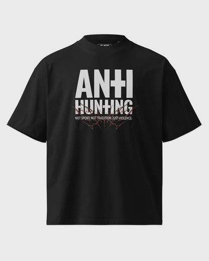 Ghost Mockup Vorderseite – Oversized Boxy Fit Unisex T-Shirt in Schwarz mit "Anti Hunting" Frontprint – schweres Streetwear Shirt.
