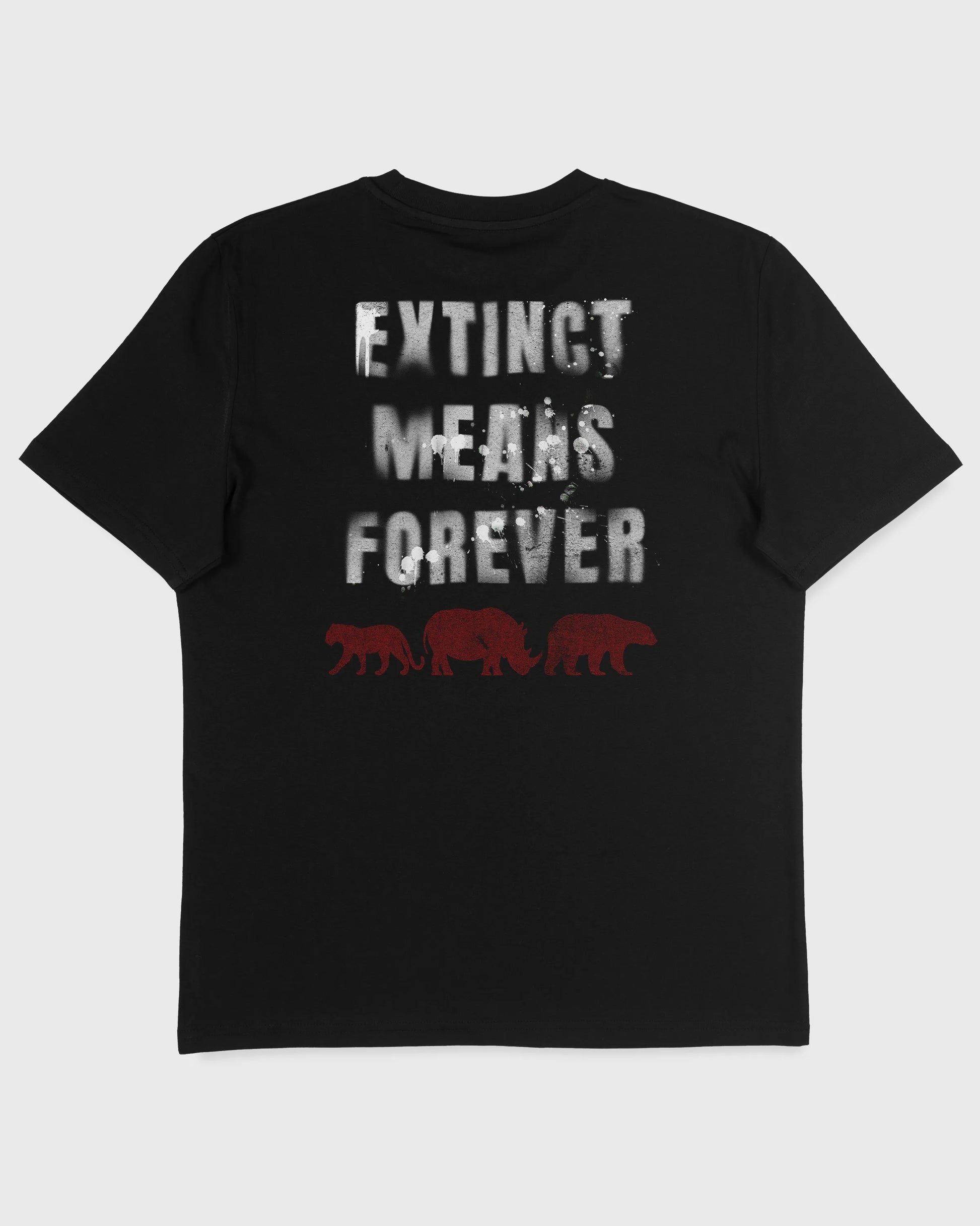 Flatlay Rückseite – Stanley/Stella Creator 2.0 T-Shirt in Schwarz mit "Extinct Means Forever" Backprint – Unisex Bio-Baumwollshirt.