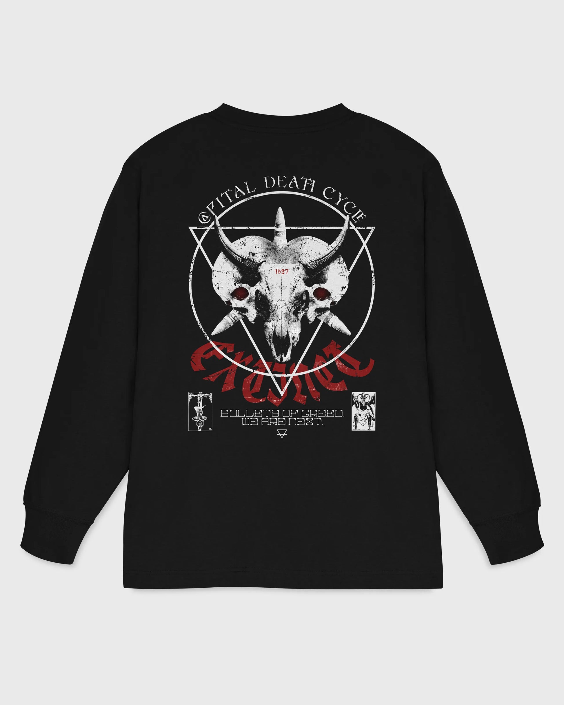 Flatlay Rückseite – Stanley/Stella Freestyler Longsleeve T-Shirt in Schwarz mit "Capital Death" Backprint – Oversized Unisex Shirt aus Bio-Baumwolle.