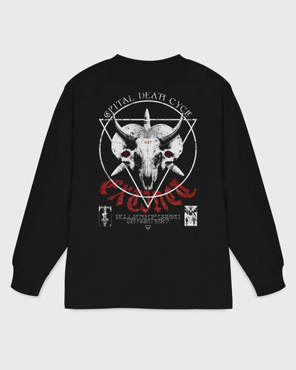 Flatlay Rückseite – Stanley/Stella Freestyler Longsleeve T-Shirt in Schwarz mit "Capital Death" Backprint – Oversized Unisex Shirt aus Bio-Baumwolle.