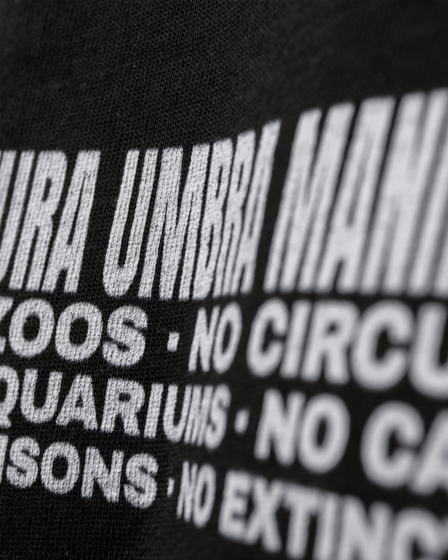 Detailansicht Frontprint – Stanley/Stella Freestyler T-Shirt in Schwarz – Vorderseitiger Aufdruck "Manifesto" – Relaxed Fit aus Bio-Baumwolle