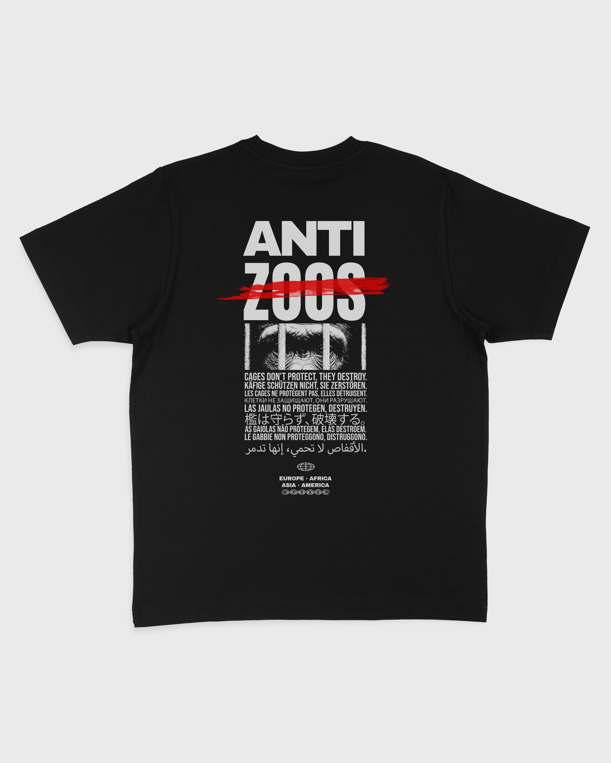 Flatlay Rückseite – Stanley/Stella Freestyler T-Shirt in Schwarz mit "Anti Zoos" Backprint – Oversized Unisex Shirt aus Bio-Baumwolle.