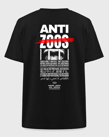 Ghost Mockup Rückseite – Stanley/Stella Freestyler T-Shirt in Schwarz mit "Anti Zoos" Backprint – Oversized Unisex Shirt aus Bio-Baumwolle.