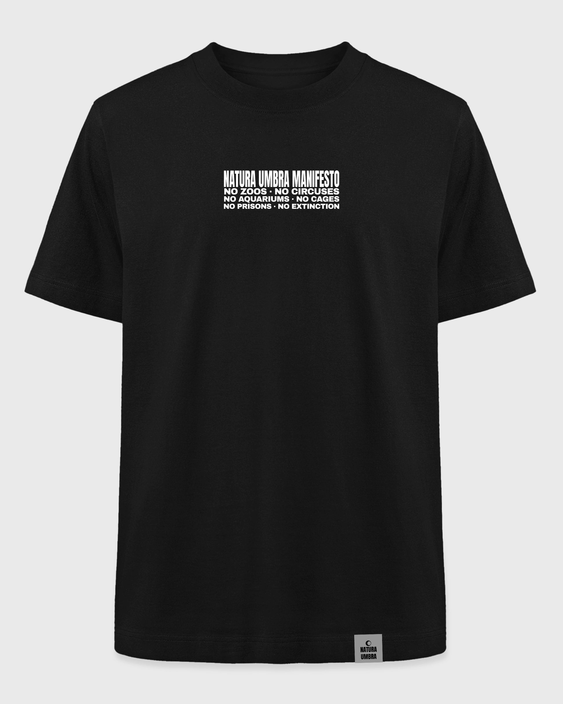 Ghost Mockup Vorderseite – Stanley/Stella Freestyler T-Shirt in Schwarz mit "Manifest" Frontprint – Oversized Unisex Shirt aus Bio-Baumwolle.