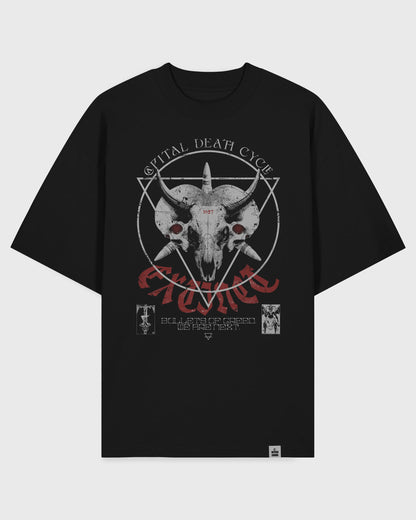 Schwarzes Blaster 2.0 Unisex T-Shirt von Stanley/Stella – Flatlay mit Frontprint „Capital Death“, GOTS-zertifizierte Bio-Baumwolle, Marke Natura Umbra.