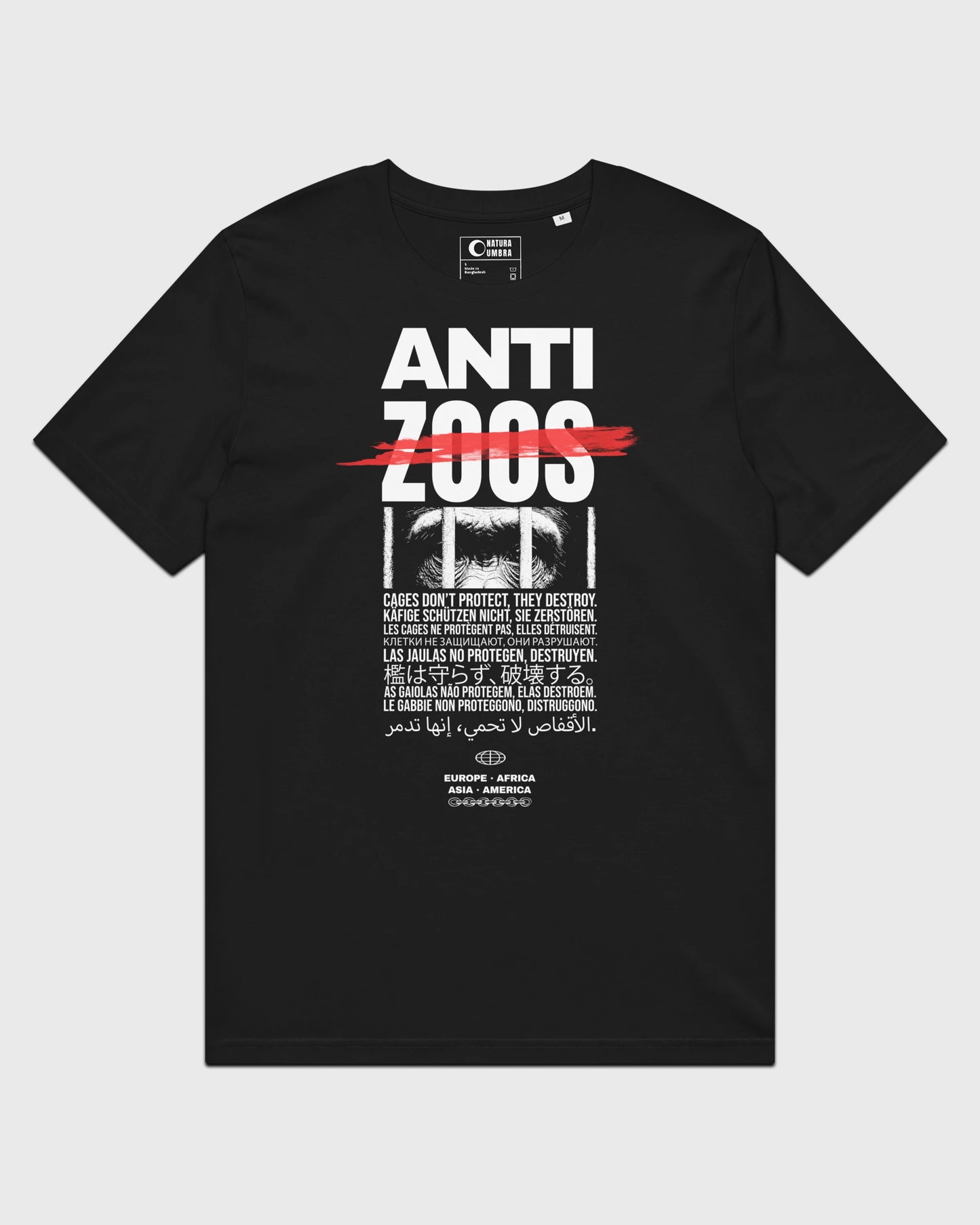Schwarzes Stanley/Stella Crafter Unisex T-Shirt – Flatlay mit „Anti Zoos“ Frontprint, gefertigt aus GOTS-zertifizierter Bio-Baumwolle, Brand: Natura Umbra.