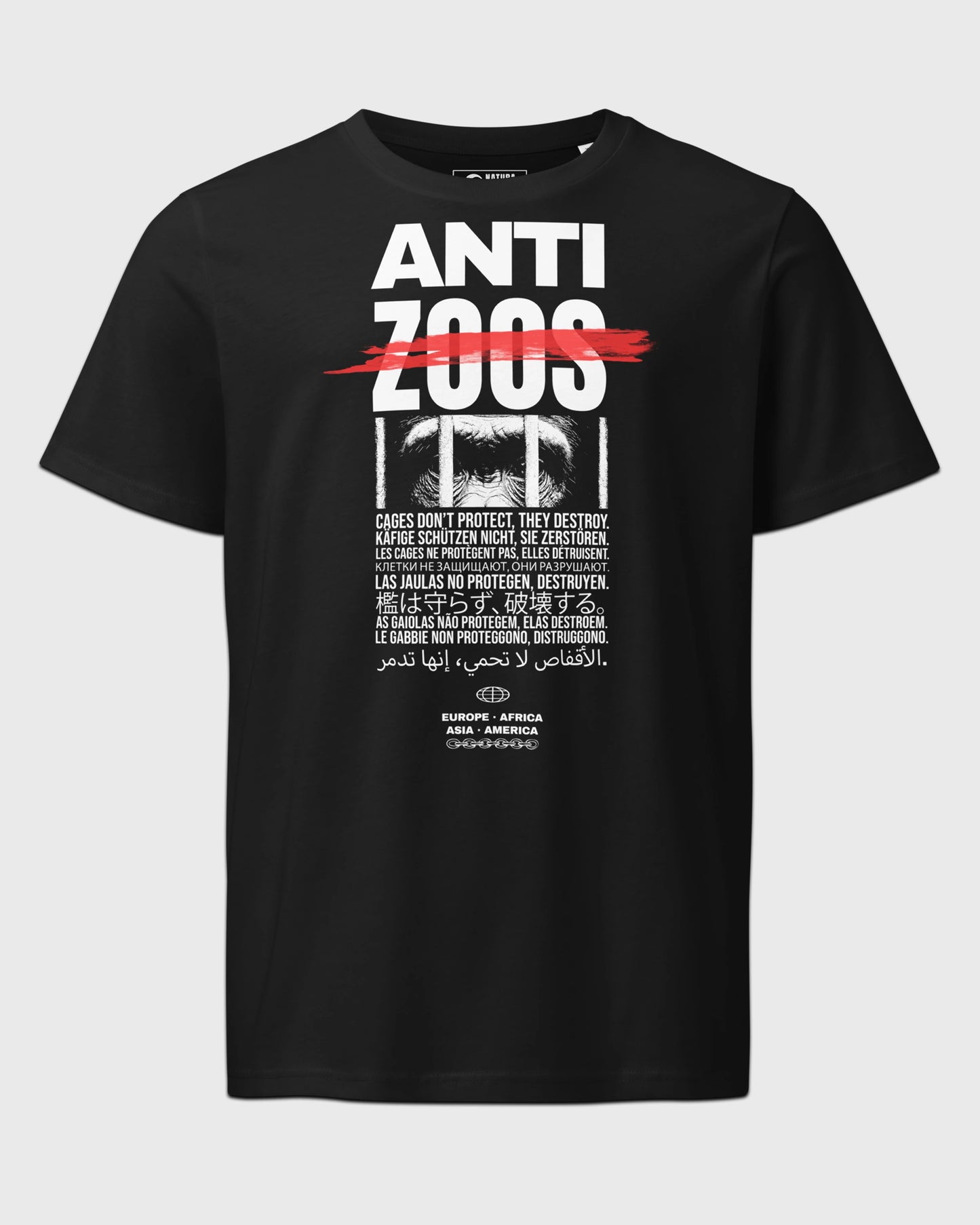 Schwarzes Unisex T-Shirt von Natura Umbra mit Frontprint „Anti Zoos“ – Ghost-Mockup des Stanley/Stella Crafter aus GOTS-zertifizierter Bio-Baumwolle.