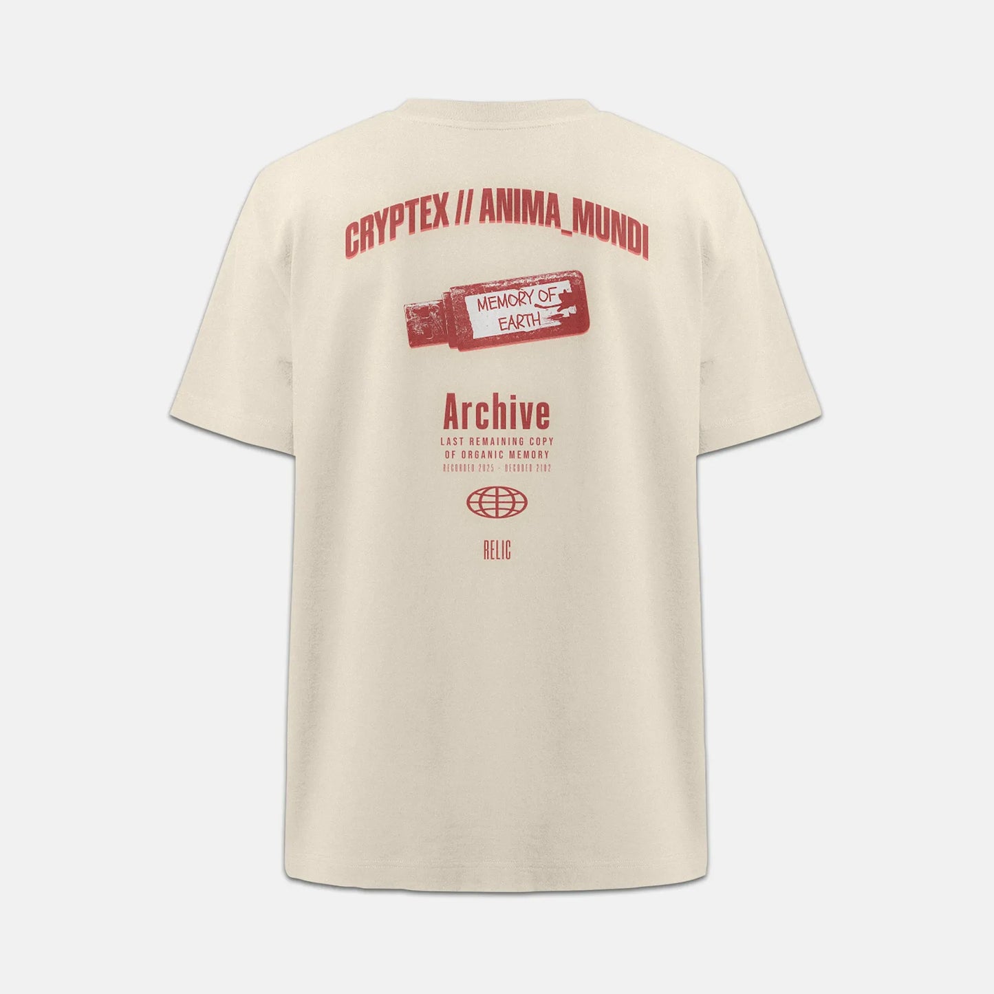 Nachhaltiges oversized Unisex T-Shirt von Natura Umbra in Natural Raw mit Backprint „Relic“ – Stanley/Stella Freestyler als Ghost-Mockup.