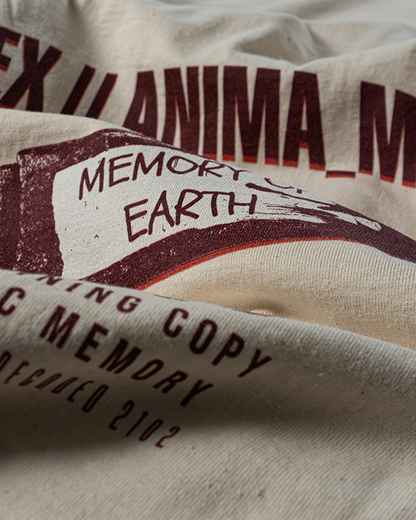 Nahaufnahme vom Print „Relic (memory of earth)“ und der Textur aus Bio-Baumwolle – Oversized Unisex T-Shirt Stanley/Stella Freestyler in Natural Raw von Natura Umbra.