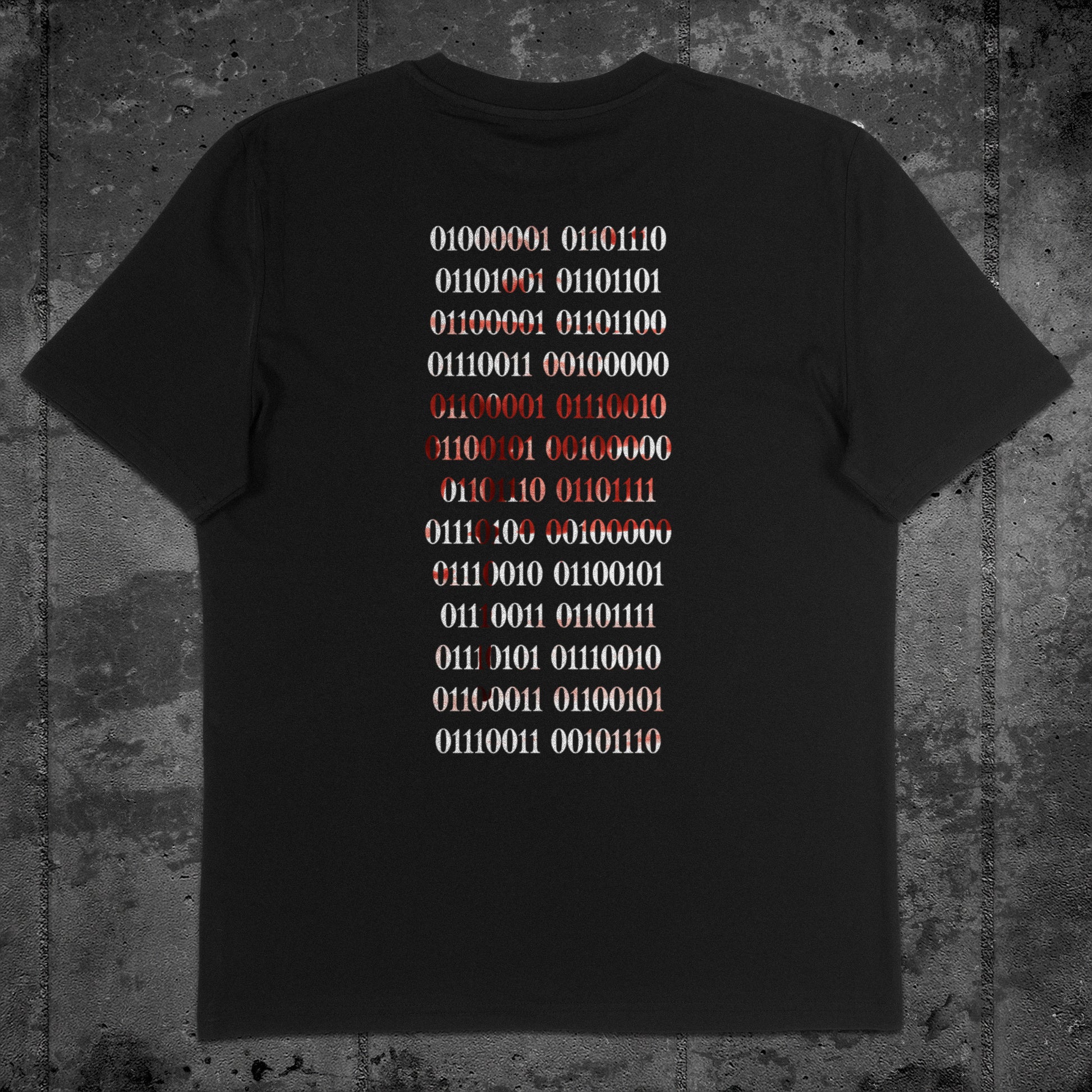 Nachhaltiges Unisex T-Shirt in Schwarz mit Backprint „Binärcode“ – Flatlay des Stanley/Stella Creator 2.0 von Natura Umbra.