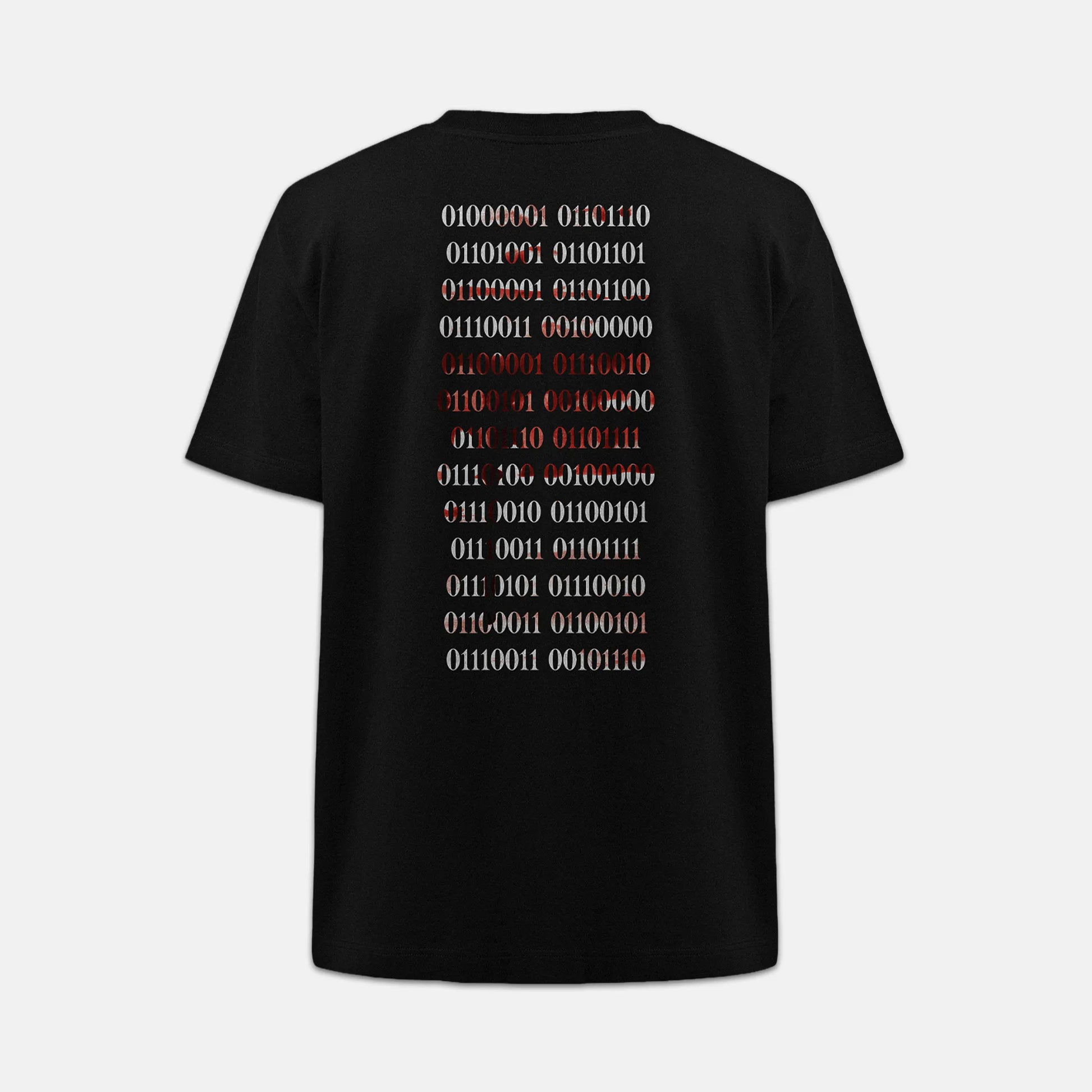 Nachhaltiges Unisex T-Shirt in Schwarz mit digitalem Backprint „Binärcode“ – Stanley/Stella Freestyler von Natura Umbra als Ghost-Mockup.