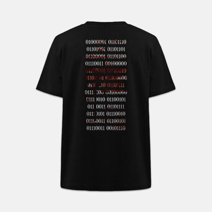 Nachhaltiges Unisex T-Shirt in Schwarz mit digitalem Backprint „Binärcode“ – Stanley/Stella Freestyler von Natura Umbra als Ghost-Mockup.