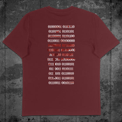 Nachhaltiges Unisex T-Shirt von Natura Umbra in Burgundy mit Backprint „Binärcode“ – Flatlay des Stanley/Stella Creator 2.0.