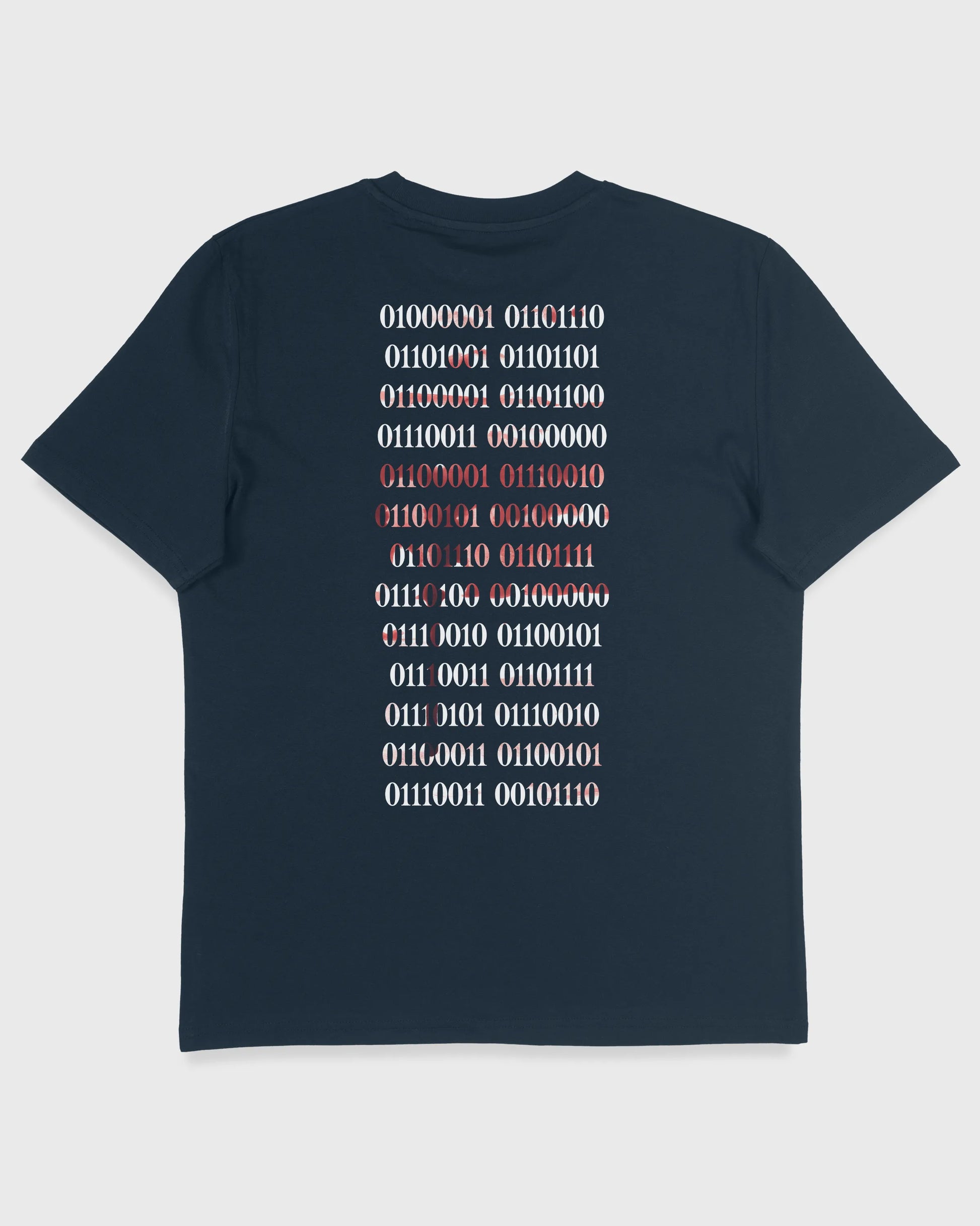 Nachhaltiges Unisex T-Shirt von Natura Umbra in French Navy mit Backprint „Binärcode“ – Flatlay des Stanley/Stella Creator 2.0.