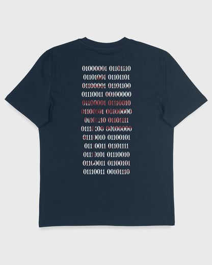 Nachhaltiges Unisex T-Shirt von Natura Umbra in French Navy mit Backprint „Binärcode“ – Flatlay des Stanley/Stella Creator 2.0.