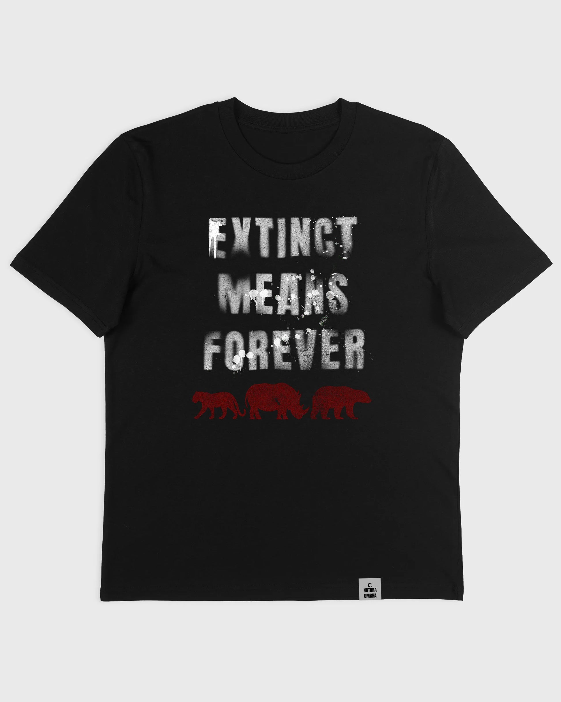 Nachhaltiges Unisex T-Shirt in Schwarz mit der Botschaft „Extinct means Forever“ – Flatlay-Mockup des Stanley/Stella Creator 2.0 von Natura Umbra.