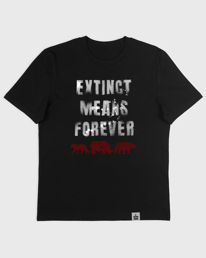 Nachhaltiges Unisex T-Shirt in Schwarz mit der Botschaft „Extinct means Forever“ – Flatlay-Mockup des Stanley/Stella Creator 2.0 von Natura Umbra.