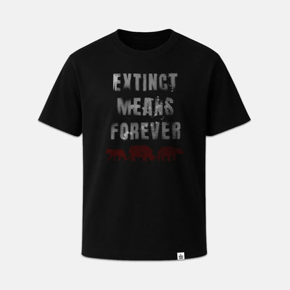Nachhaltiges Unisex T-Shirt von Natura Umbra in Schwarz mit Frontprint „Extinct means Forever“ – Stanley/Stella Creator 2.0 als Ghost-Mockup.