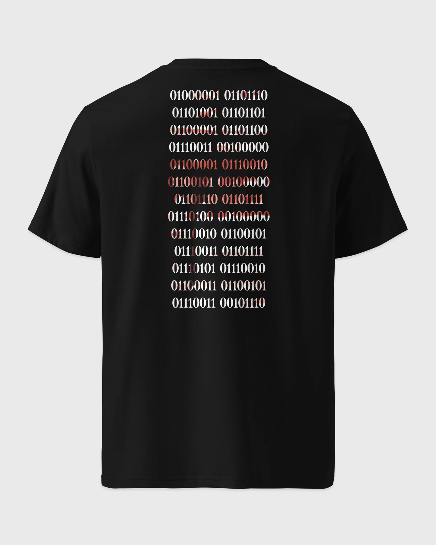 3D-Ghost-Mockup der Rückseite eines schwarzen T-Shirts. Der markante vertikale Backprint zeigt einen weißen Binärcode.
