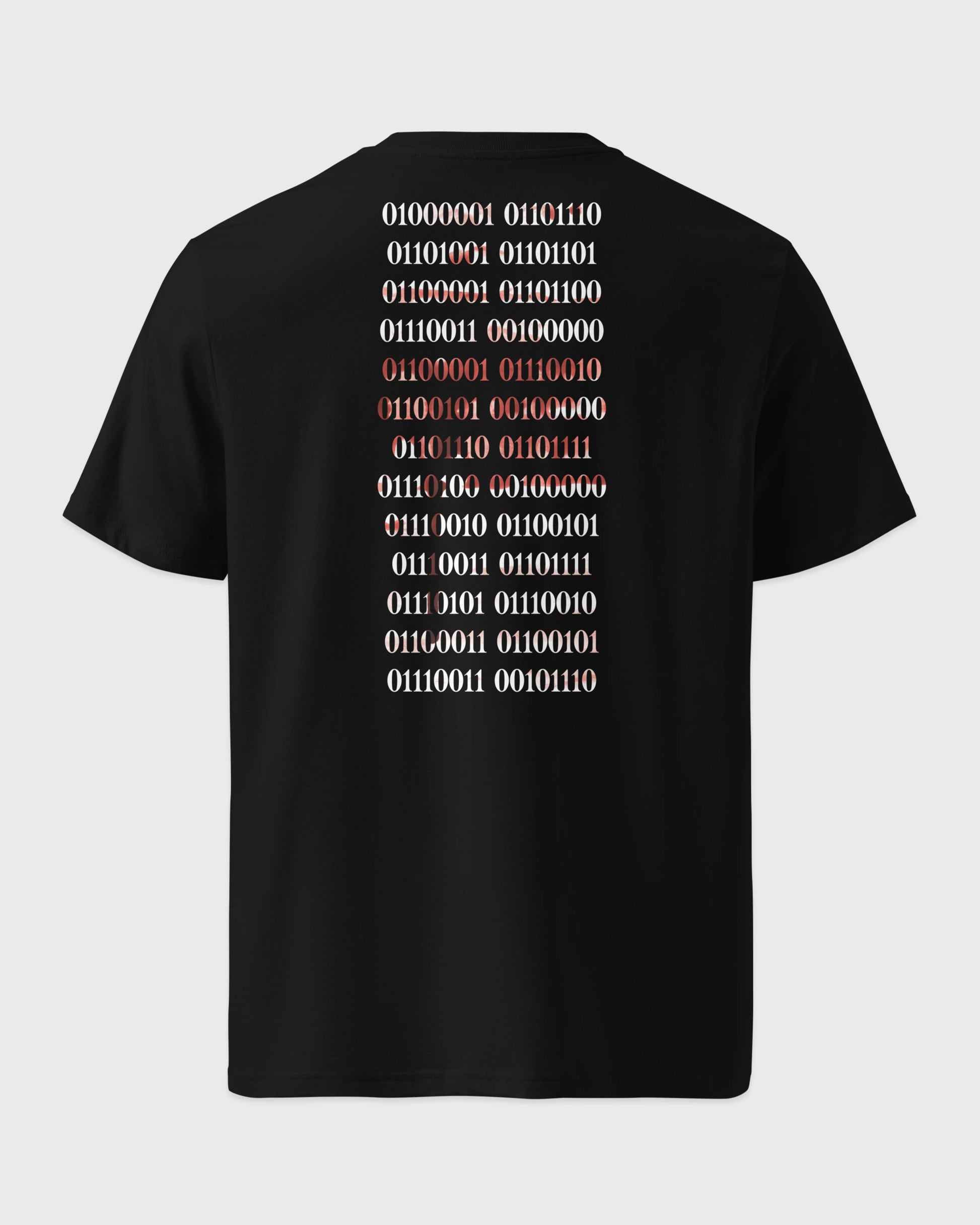 3D-Ghost-Mockup der Rückseite eines schwarzen T-Shirts. Der markante vertikale Backprint zeigt einen weißen Binärcode.