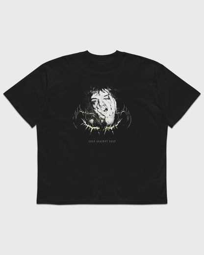 Schwarzes oversized T-Shirt mit SELF AGAINST SELF Frontprint in kontrastreicher Darkwear-Optik.